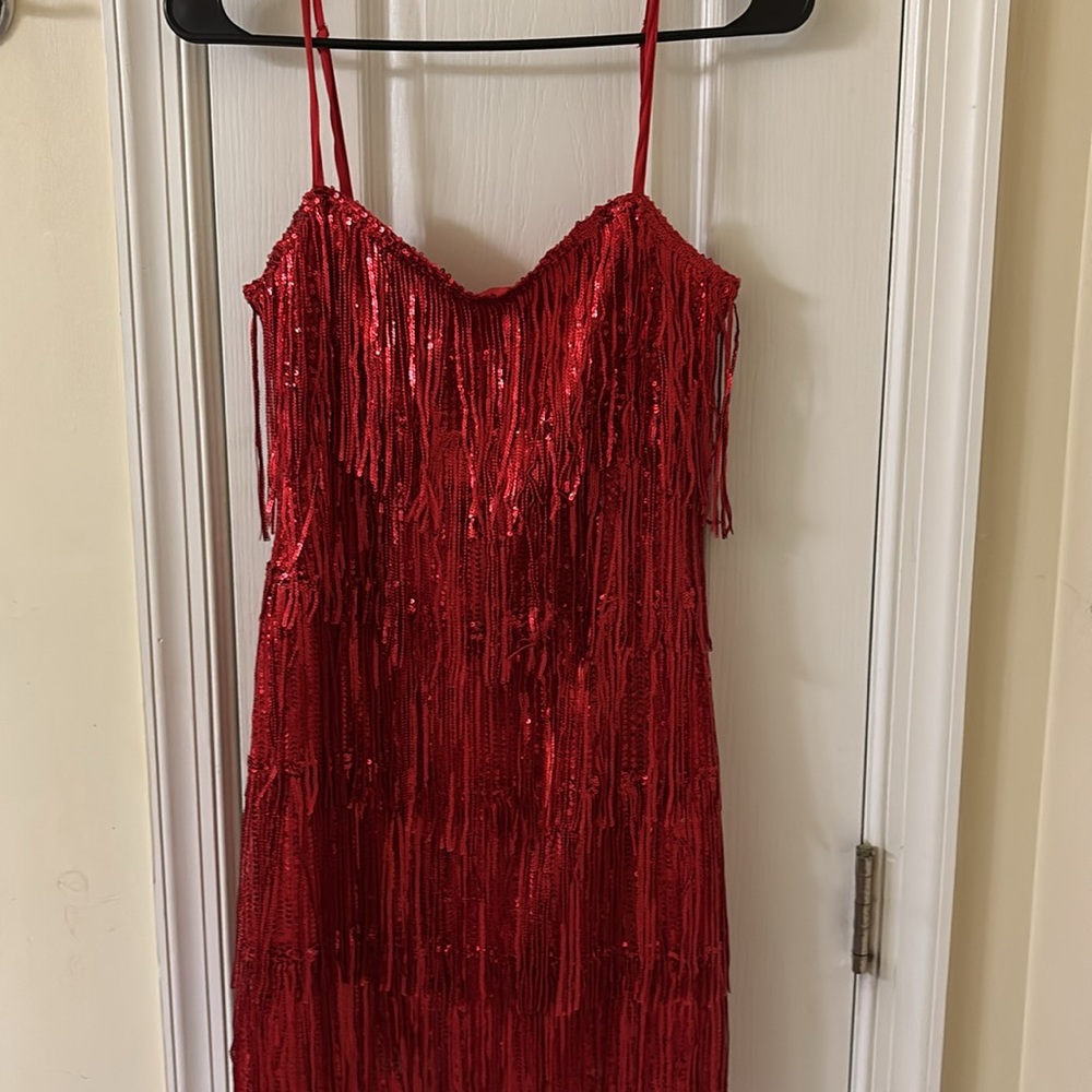 Cousin Couture Mini  Dress Red Fringe Lined Sz Small NWT
